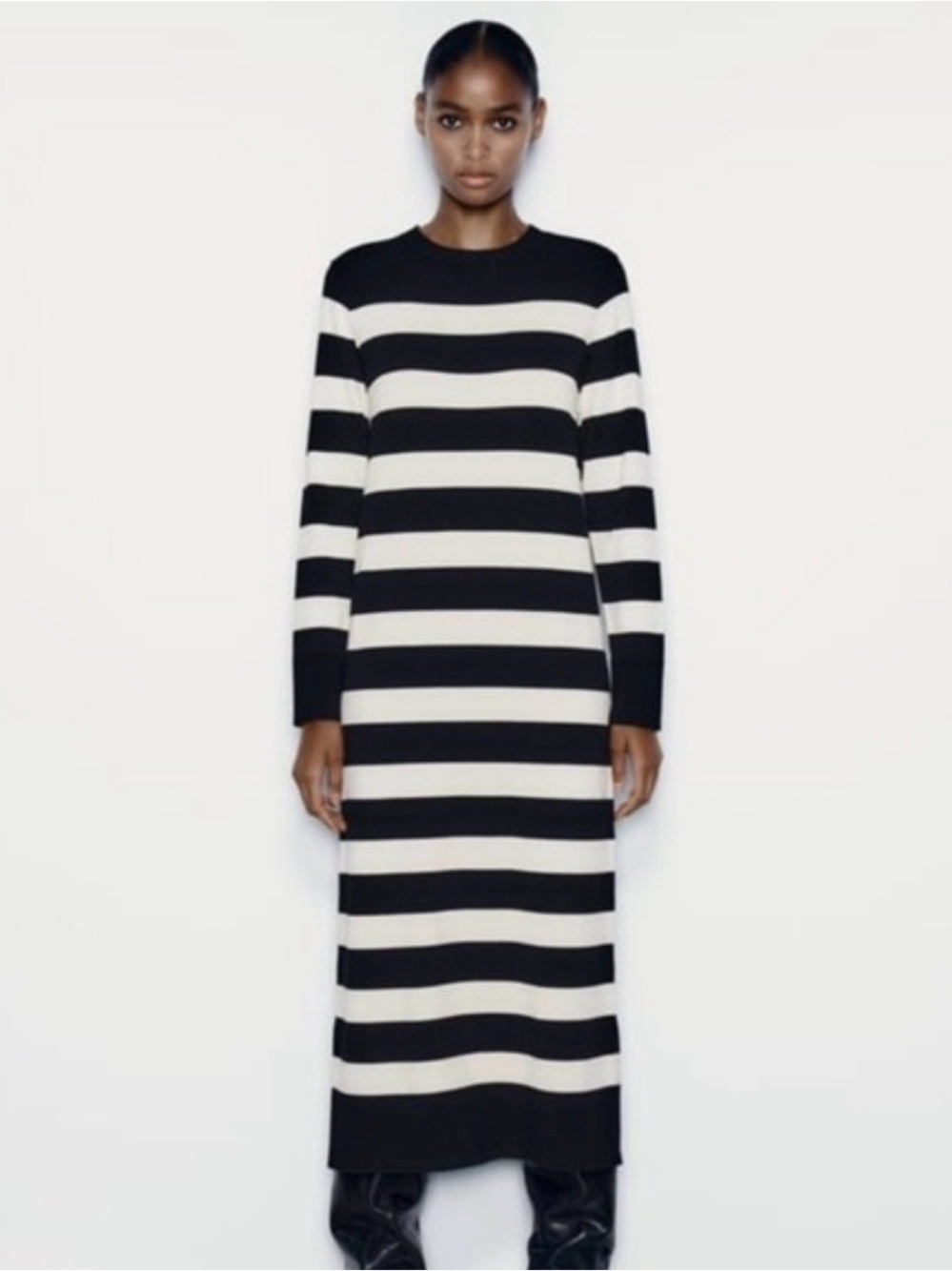 Zara Knit Sweater Dress Black White Striped Midi Long Sleeve Women’s Small